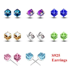 High Class Real 925 Sterling Silver Stud Earrings for Women Girls 8 Colors Options Austrian CZ Crystal Square Design Ear Jewelry