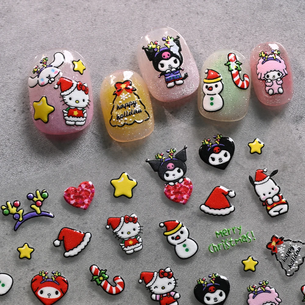 5D Nuovo Hello Kitty Pelle di Natale Adesivi per unghie 3D Simpatico cartone animato Natale Kuromi My Melody Decalcomanie per unghie Autoadesive Kawaii Nail Deco