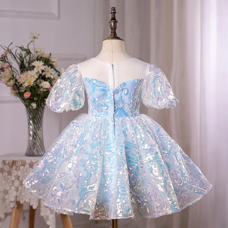 Customized Sequined Ball Gown Flower Girl Dresses O-Neck Puff Sleeve Bow Girl Birthday Gowns Temperament Elegant Junior Bridesma