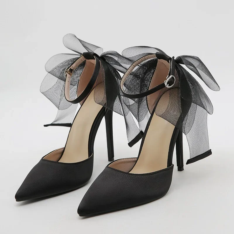 

Aneikeh Sexy Pointed Toe Sandals Buckle Strap Cover Heel Women Spring Summer Mesh Butterfly-knot Banquet Wedding Pumps Shoes