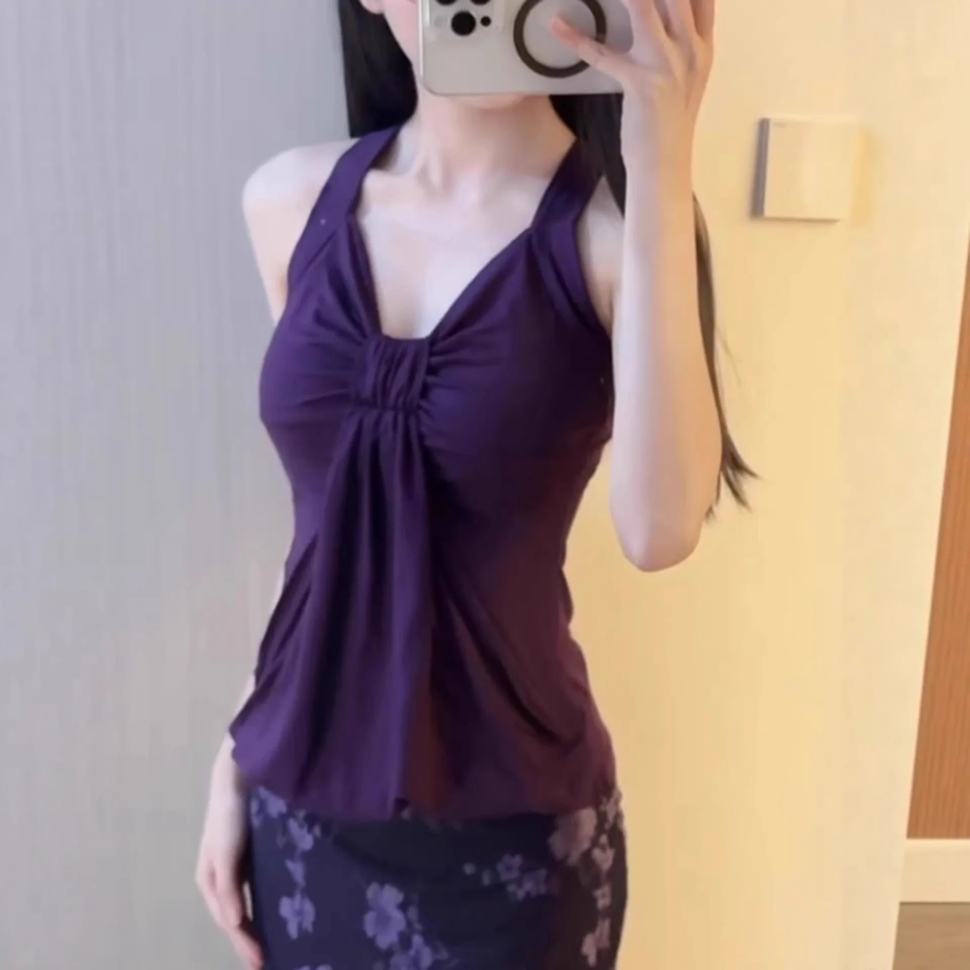 

Grape Purple Spicy Girl Twist Knot Camisole Women's Summer Cross Backless Short Top Slim Fit Sleeveless Blouse