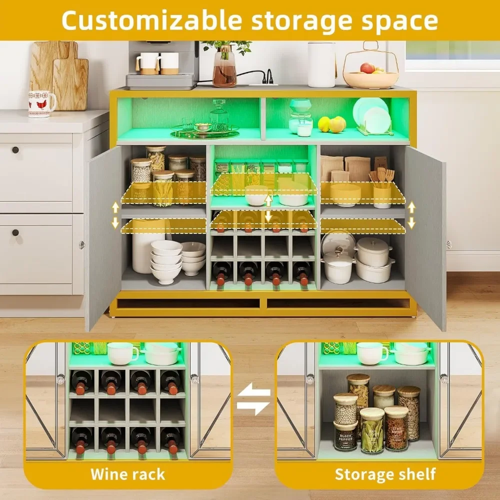 Bar Cabinet com Power Outlets, Coffee Bar Cabinet com Luzes LED e Removível Wine Rack, Armário Buffet de Armazenamento