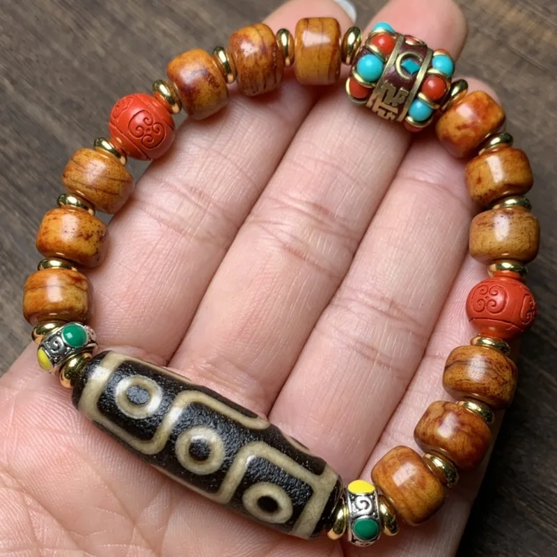 High-quality oil-rich patinated old agate Dzi beads nine eye designs paired with a yak bone bracelet Tibetan-style jewe