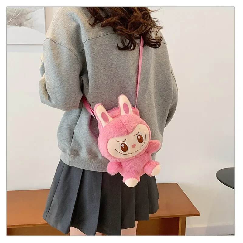 Dulce Anime Kawaii MINISO Ins moda Labubu muñeca bolsa de almacenamiento de felpa lindo dibujos animados hombros bolsa cruzada regalo para niñas