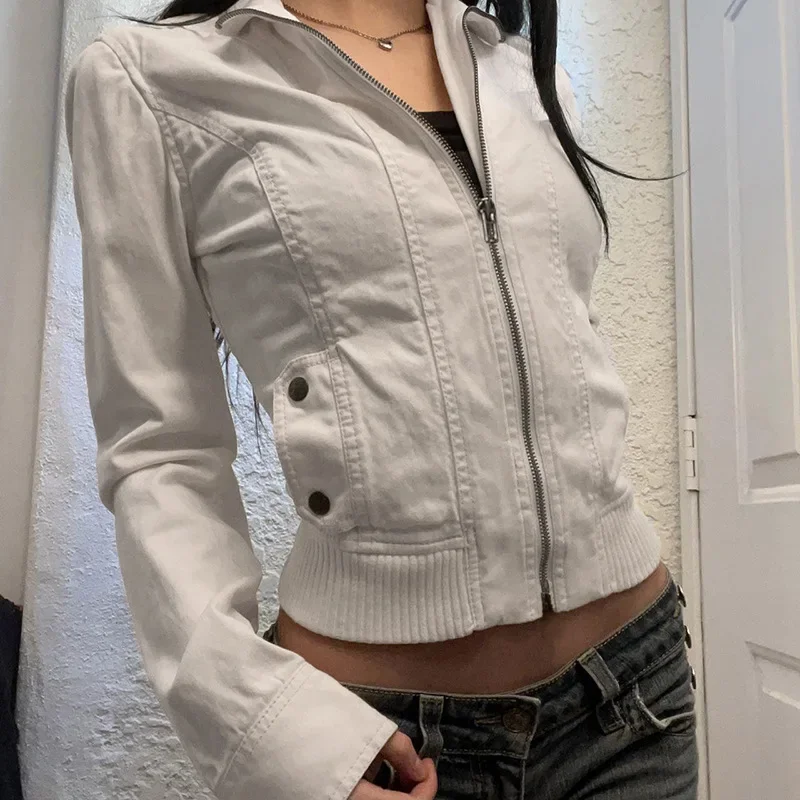 Patchwork Zip-up Cropped Jacket y2k Streetwear Full Sleeve Turtleneck Pockets Coat for Women Vintage 2025 Clothing Basic