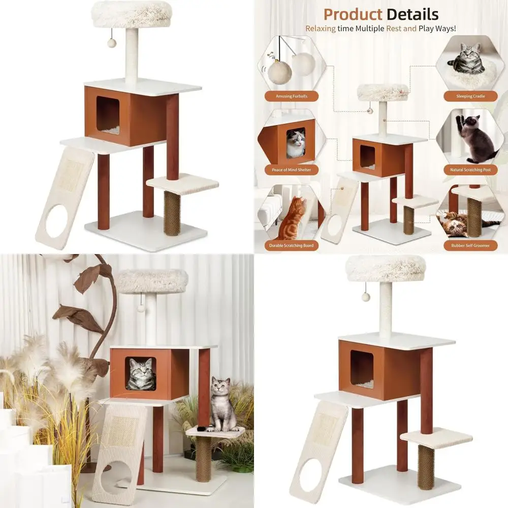 

Luxury 50 Multi-Level Cat Tree with Wooden Frame for 3-5 Cats: Paper Rope Scratchers, Plush Perch, Enclosed Rest & Swinging Toy