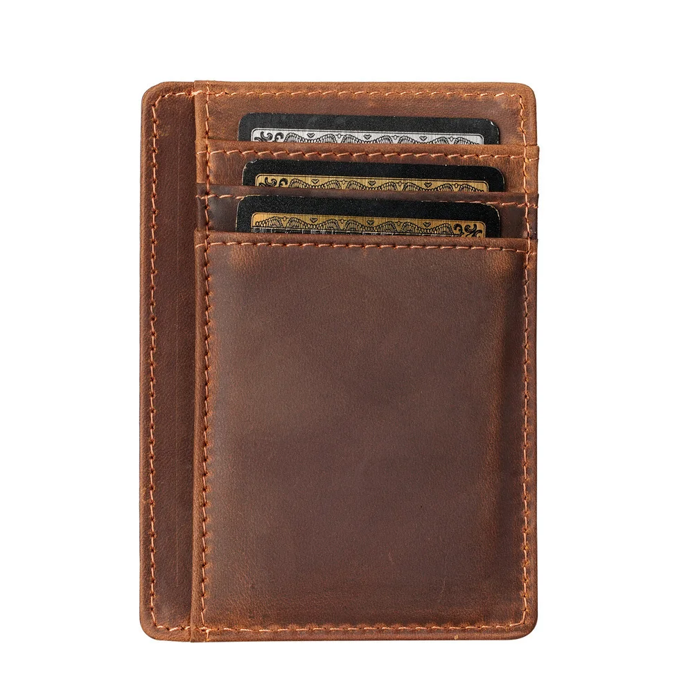 Slim Leather Card Holder Crazy Horse Minimalist Wallet Vintage Top Grain Credit Card Case Front Pocket Purse with ID Window