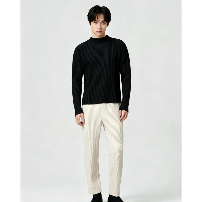 Miyake Pleated Men's Mock Neck Long Sleeve T Shirt Plisse Side Split Drop Shoulder Loose Fit Stretch