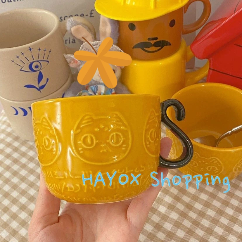 Cute Relief Cat Mug Creative Ceramic Milk Oat Cup，Japanese Style Animal Mug，high Appearance Level Home Tableware Gift for Girl