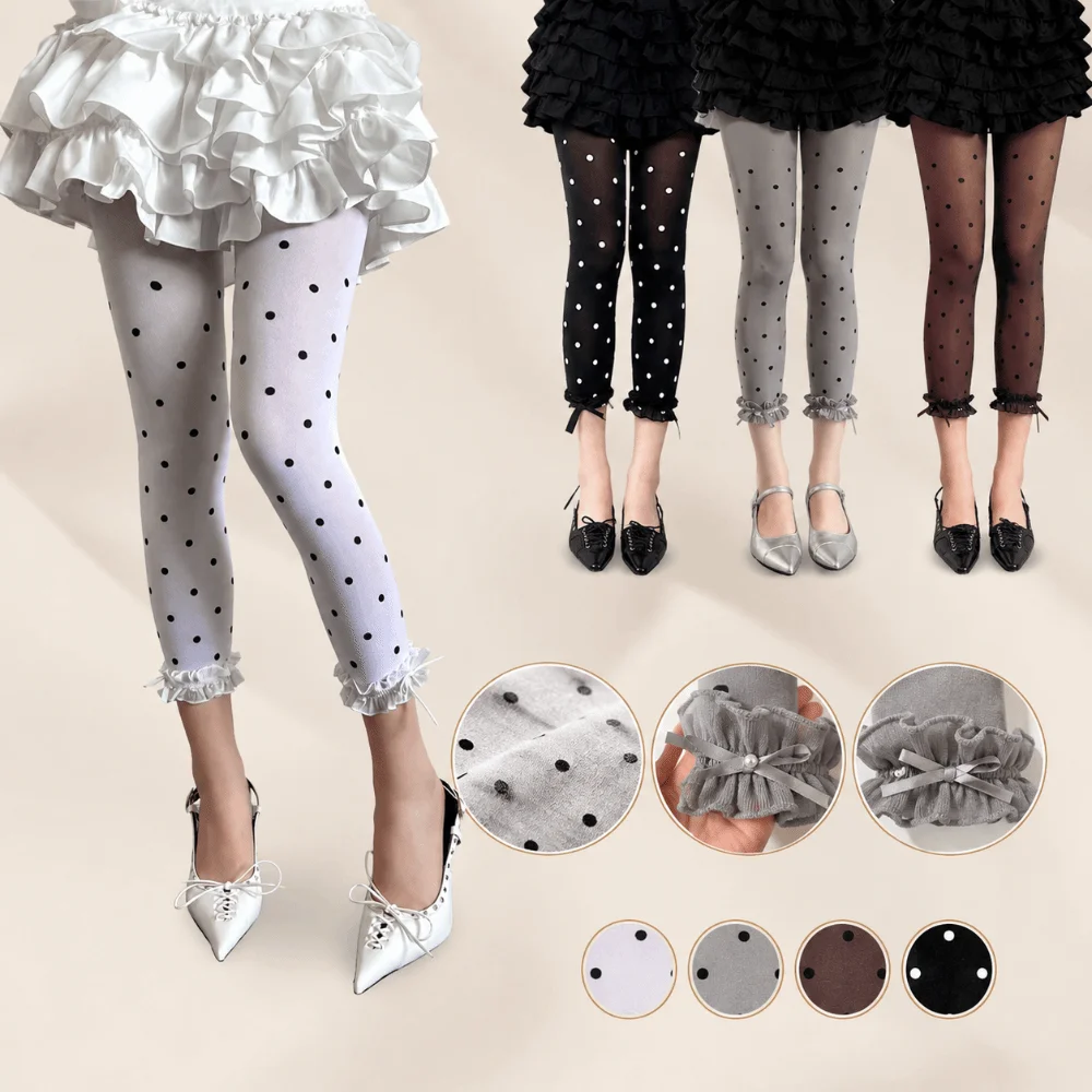Cool Lace Trim Thin Leggings Polka Dot Thin Material Girls Pants Velvet Fabric Retro Style Polka Dot Leggings For Girls