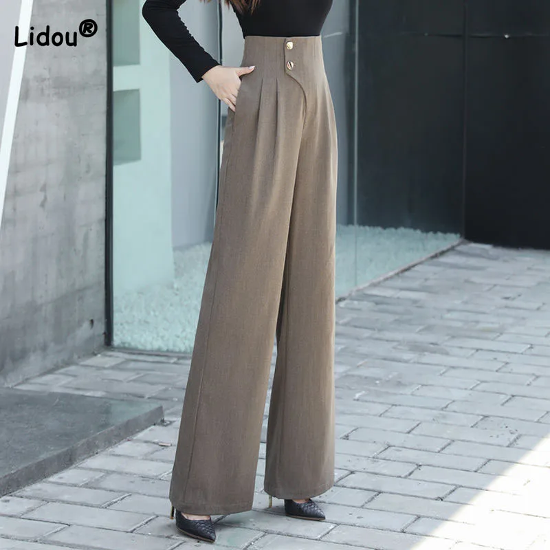 Office Lady Solid Color High Waist Suit Pants Spring Autumn Loose All-match Button Spliced Wide Leg Trousers Women\'s Clothing