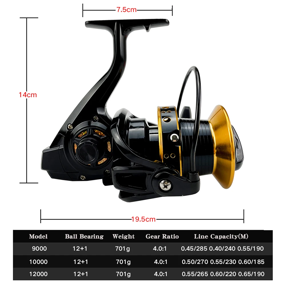 Imagem -02 - Carretel de Pesca de Metal Completo Bobina Fiação Água Salgada Carpa Tamanho Grande 9000 10000 12000 Carpe Moulinet Peche Pesca do Mar