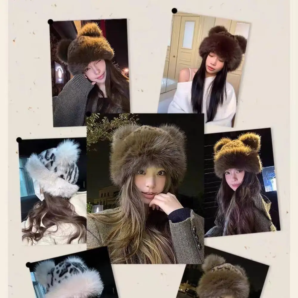 

Bear Ears Plush Thick Warm Bucket Hat Cute Hat Warm Ear Protection Snow Ski Cap Faux Fur Hat Korean Thicken Solid Color Beanie