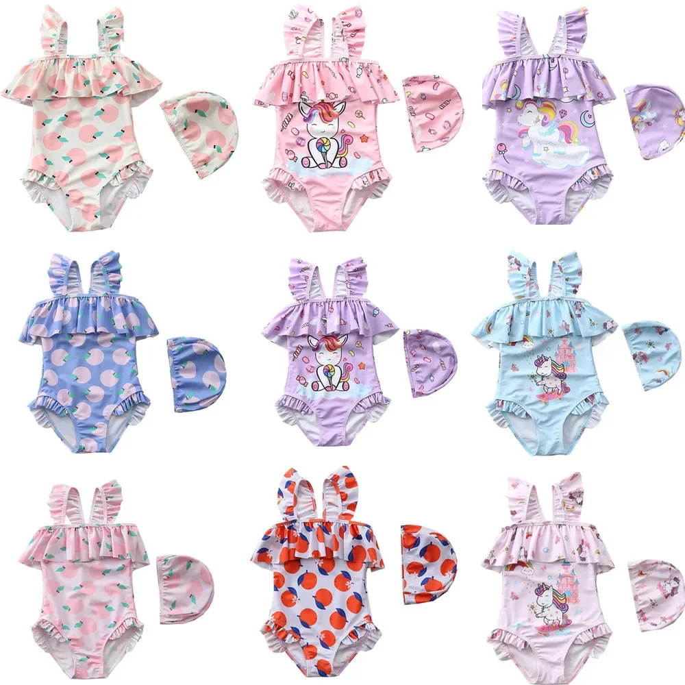 

Kids Girls Swimsuit Cute Cartoon Apple Unicorn One-Piece Swimming Suit + Hat Swimwear Summer Beach Clothing Children Swimsuits