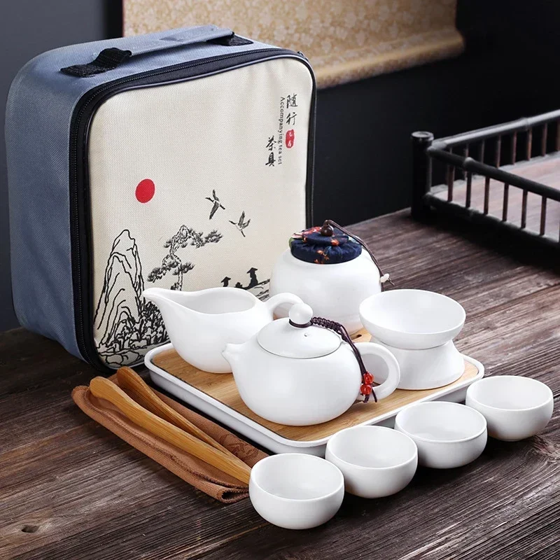 Portable Ceramic Teaware Set Chinese Kung Fu Set Pot Traveller  with Bag  Gaiwan  Cups of  Ceremony