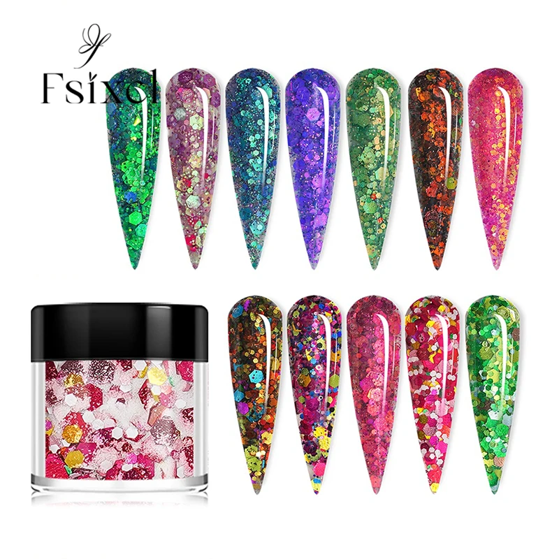 Fsixcl 12 Farbe Flasche Nail Art bunte Pailletten Pigment Staub Acryl Tauch pulver Set Glitter für Nägel profession elles Material