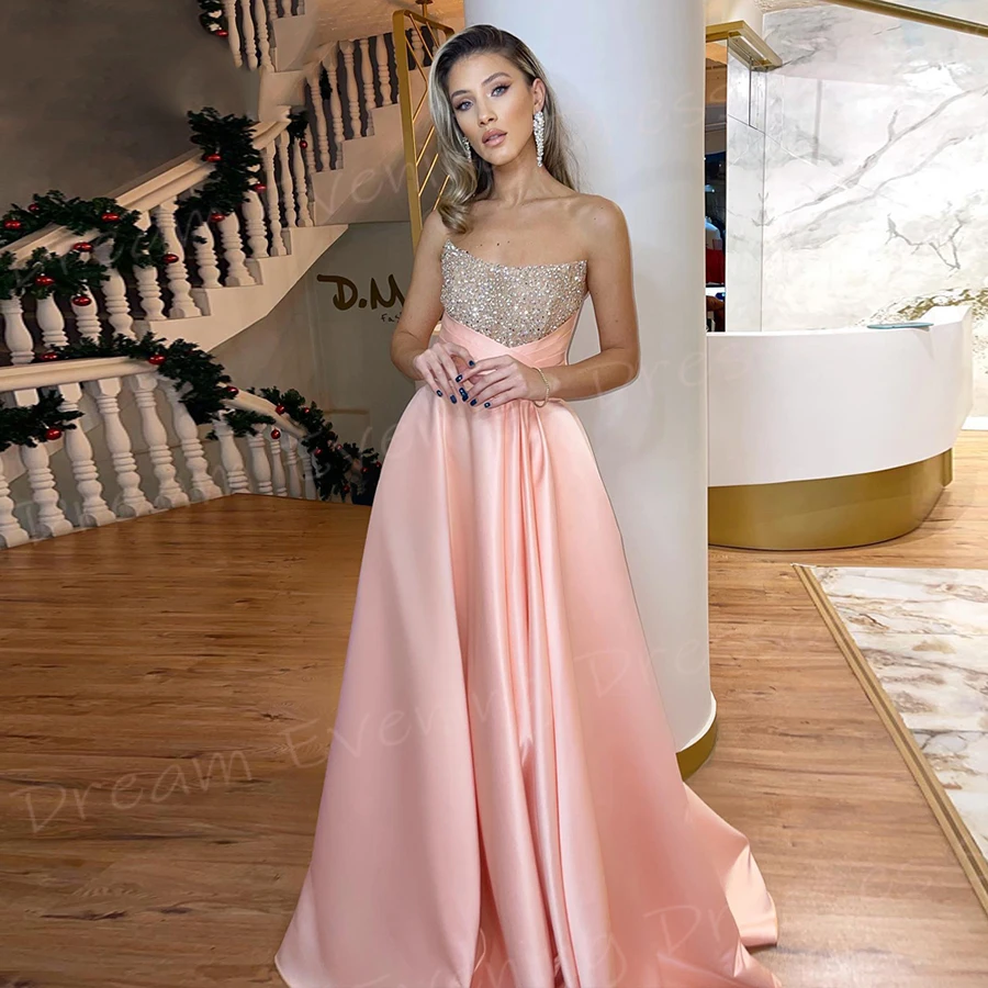 Elegante Zachte Roze A Lijn Vrouwen Avondjurken Sexy Klassieke Strapless Kralen Prom Jurken Charmant Mouwloos Vestido De Noche