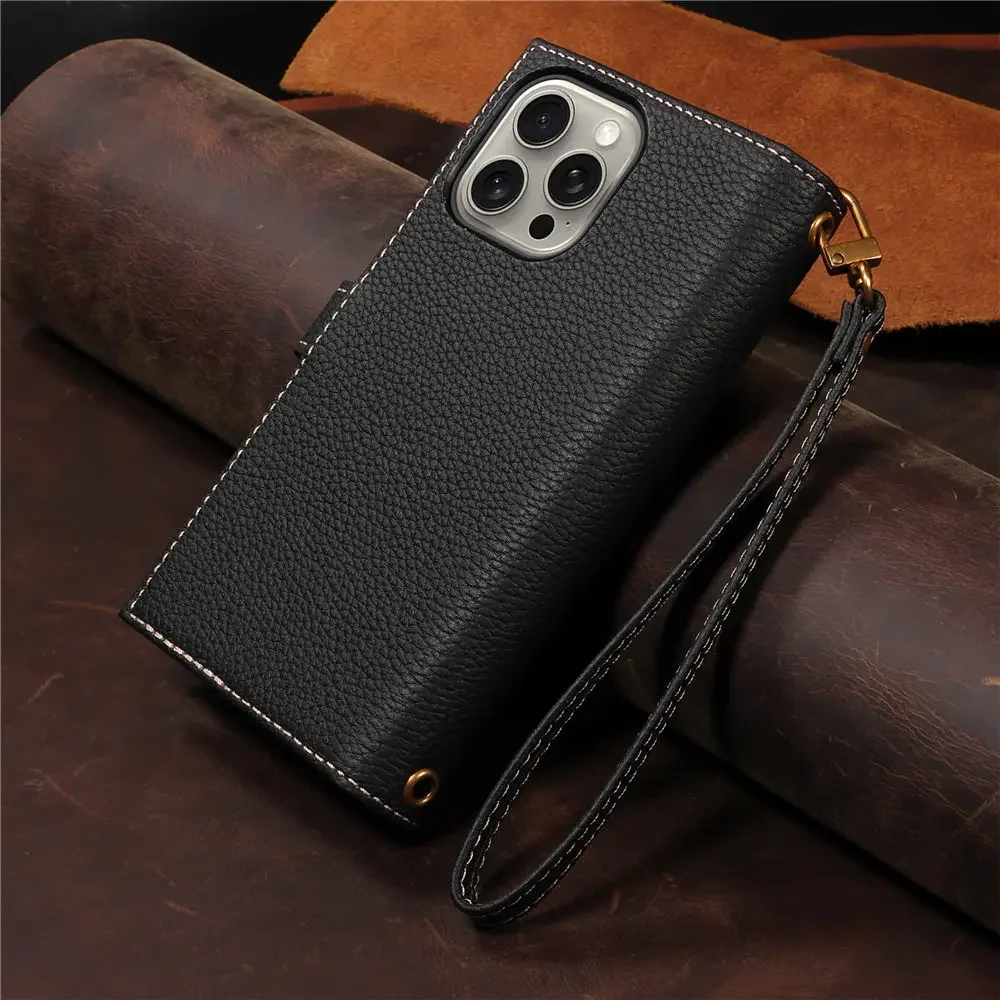 

Чехол-книжка-кошелек из натуральной яловой кожи для iPhone 13, 14, 15, 16 Pro Max, чехол с карманным ремешком для карт