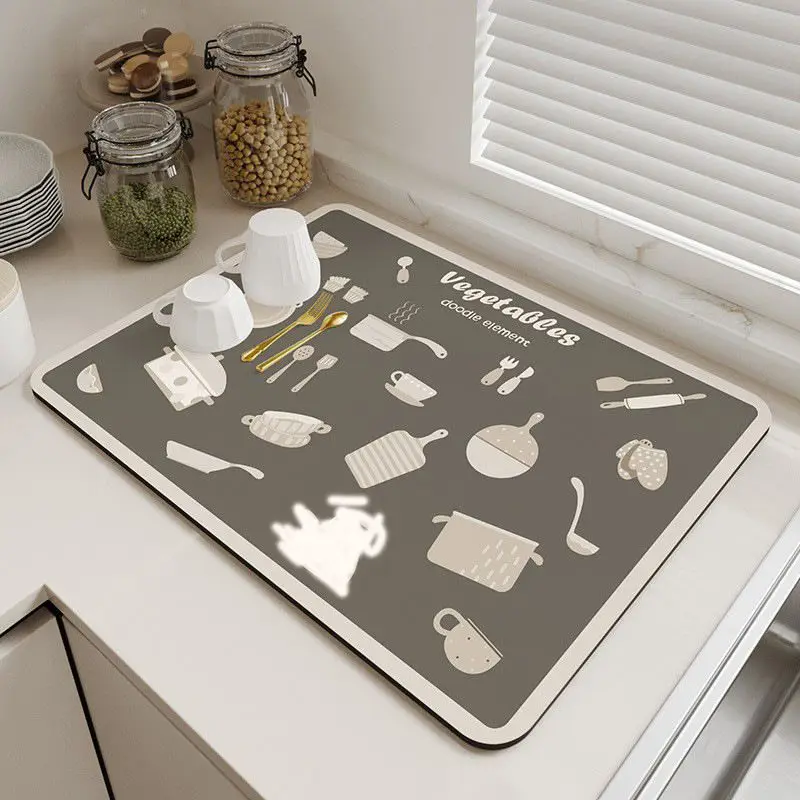 VIKAMA Dish Drainer Mat, Kitchen Countertop Absorbent Quick-Dry Mat with Cookware and Vegetable Print, Home Decor
