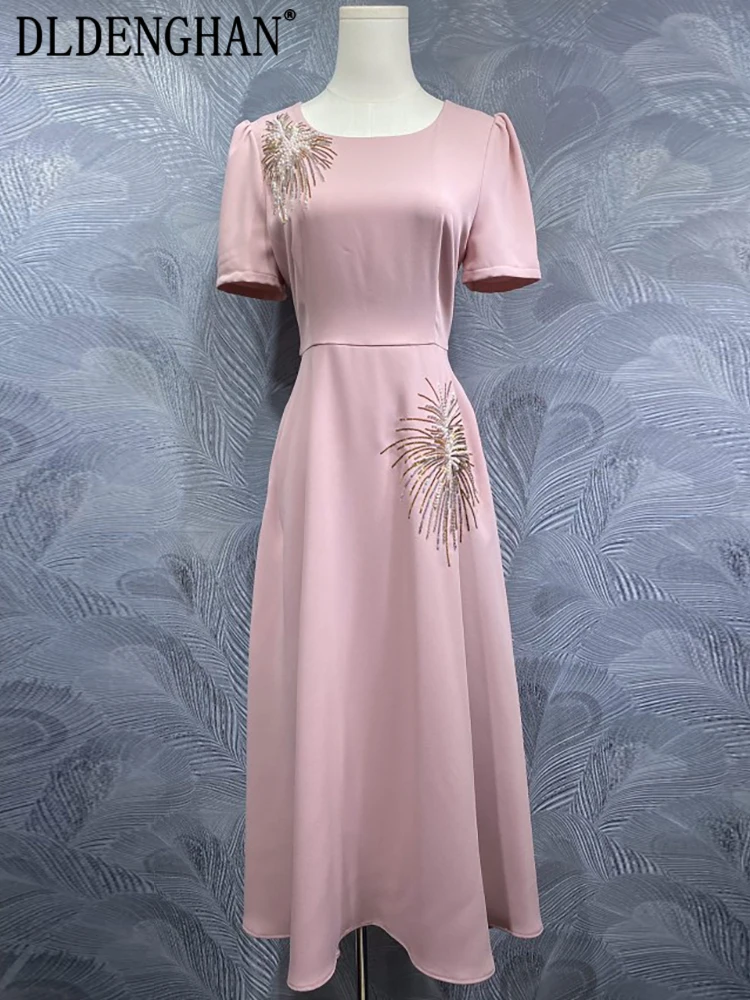 

DLDENGHAN Sequins Beading Dress For Women O-Neck Short Sleeves Solid color Office Lady Dresses Fashion Summer Female