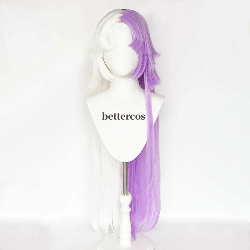 Peruca Sigma longa Cosplay com brincos, Perucas sintéticas anime e boné de peruca, Roxo e branco, Resistente ao calor