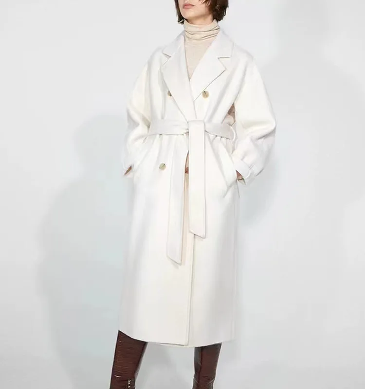 White water ripple double-sided cashmere coat women\'s 2023 autumn and winter new double-breasted lace-up double-sidedwoolen coat