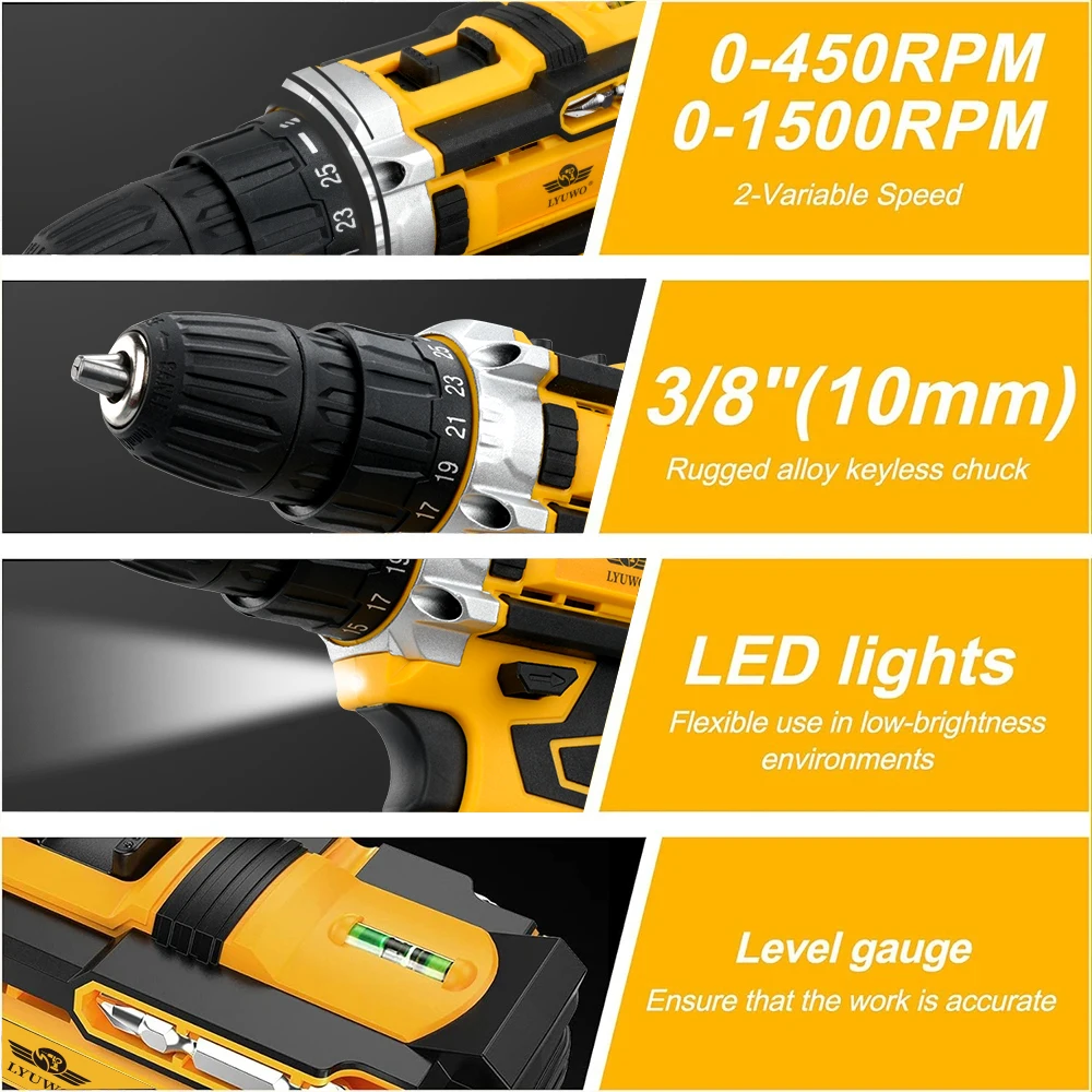 LYUWO Rechargeable Electric Hand Drill, Pistol Drill, Electric Screwdriver, Household Impact Hand Drill Tool,Using MT Battery