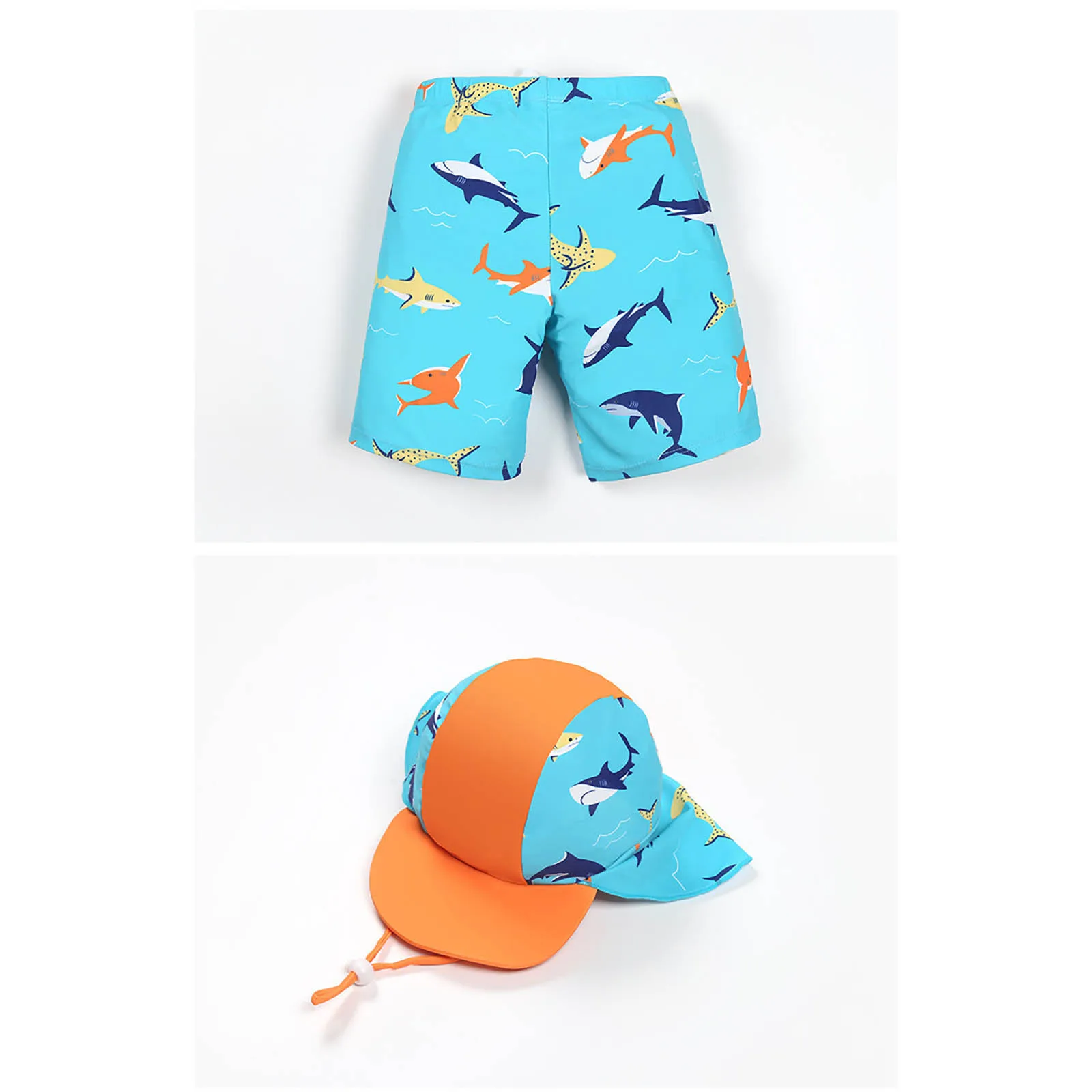 New Boys 3 Pieces Shark-patterned Swimwear Set Long Sleeve Top with Shorts Sunshade Cap Quick-dry Swimsuit Summer Bathing Suit