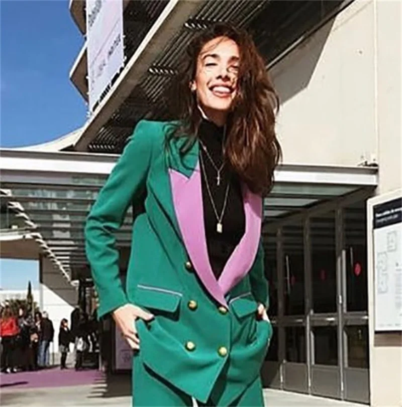 Blazer verde de 2 piezas para mujer, pantalón de oficina rosa con solapa de pico, traje Simple de doble botonadura, vestido Formal de fiesta de noche personalizado