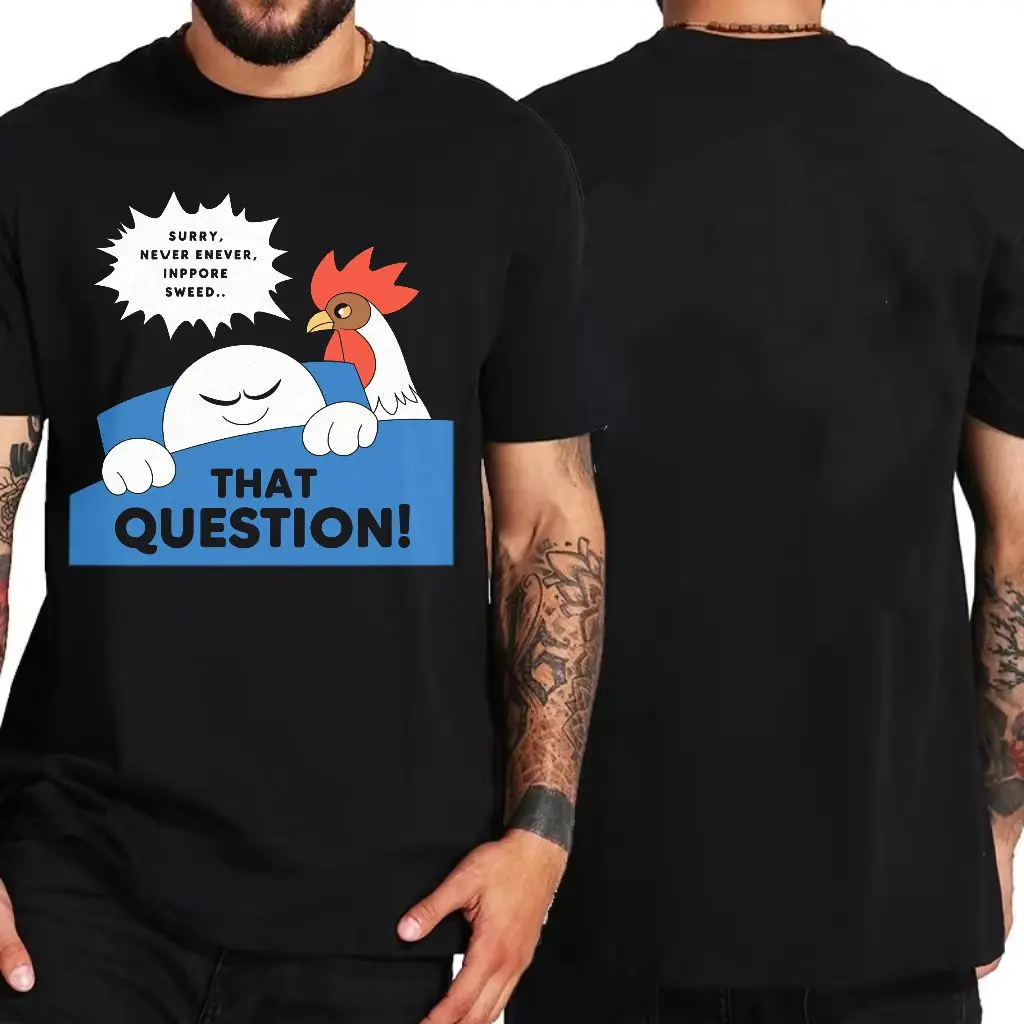 Cartoon Character & Rooster Graphic White T - Shirt, Casual Crew Neck Cotton T - shirt with Blue Rectangular Speech Bubble Desig