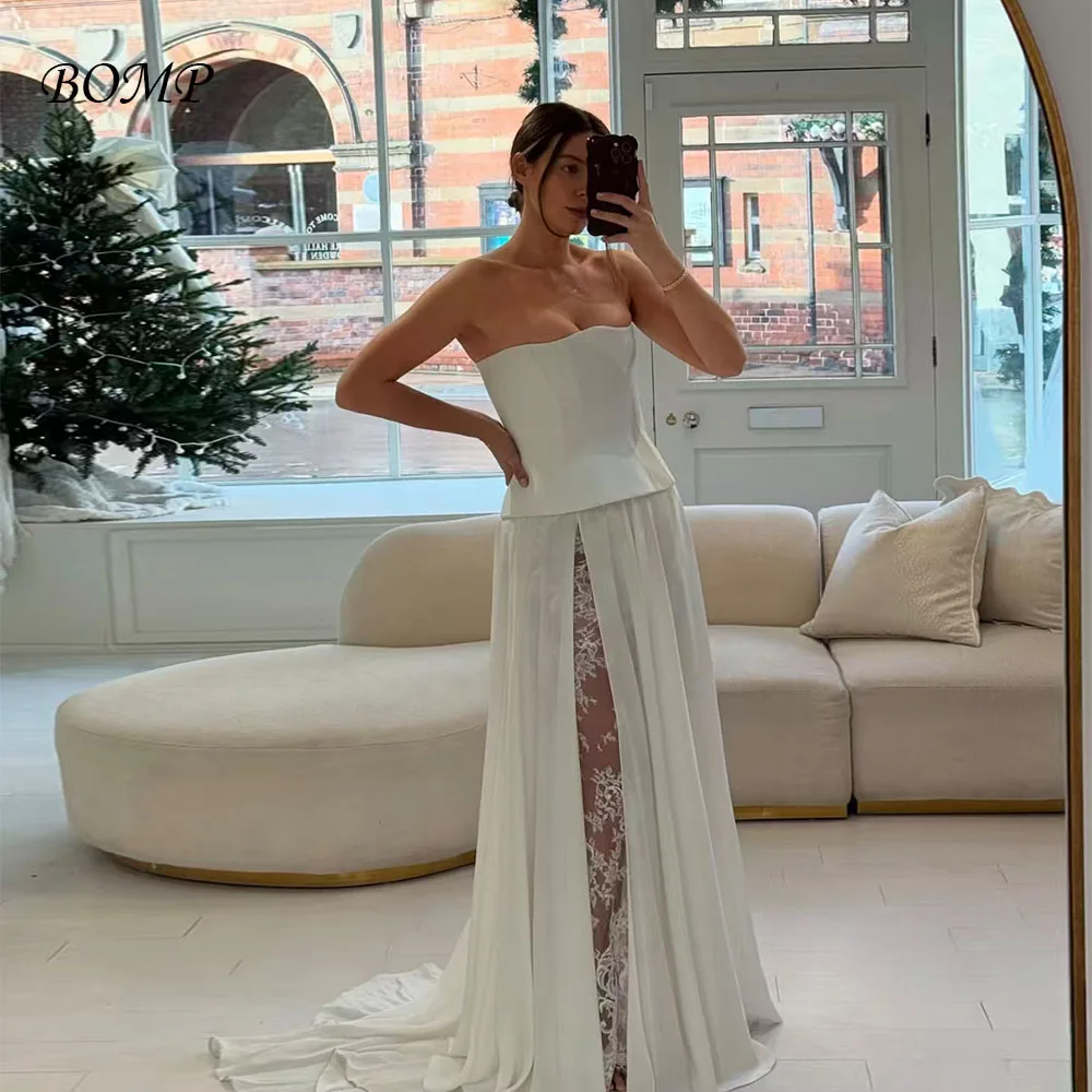 فستان BOMP كلاسيكي لحفلات الزفاف بدون حمالات مشد جانبي بفتحة عالية مع دانتيل على شكل حرف a فساتين سهرة مخصصة فيستدو دي نوفيا 2026 #1