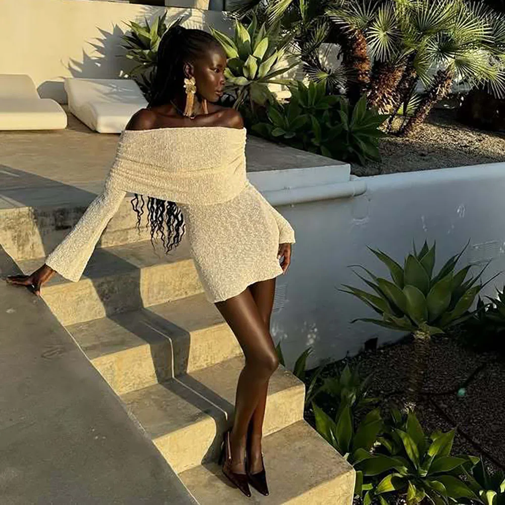 Mode Dames Jurken Strandvakantie Sexy Korte Jurken Premium Gebreide Uitgesneden Slash Hals Lange Mouwen Elegante Jurken