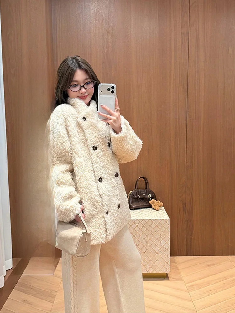 

Full Wool Fur Coat Double Row Buttons Stand Collar ort Outerwear Women's Winter Faion Casual Loose Fit Long Sve