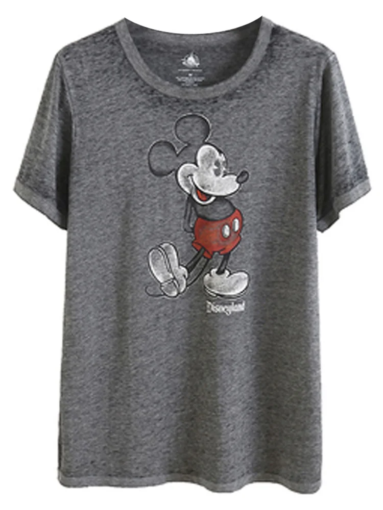 Disney Vintage Mickey Mouse Cartoon Print Distressed Water Washing T-Shirt Women O-Neck Short Sleeve Tee Tops 2 Colors Female