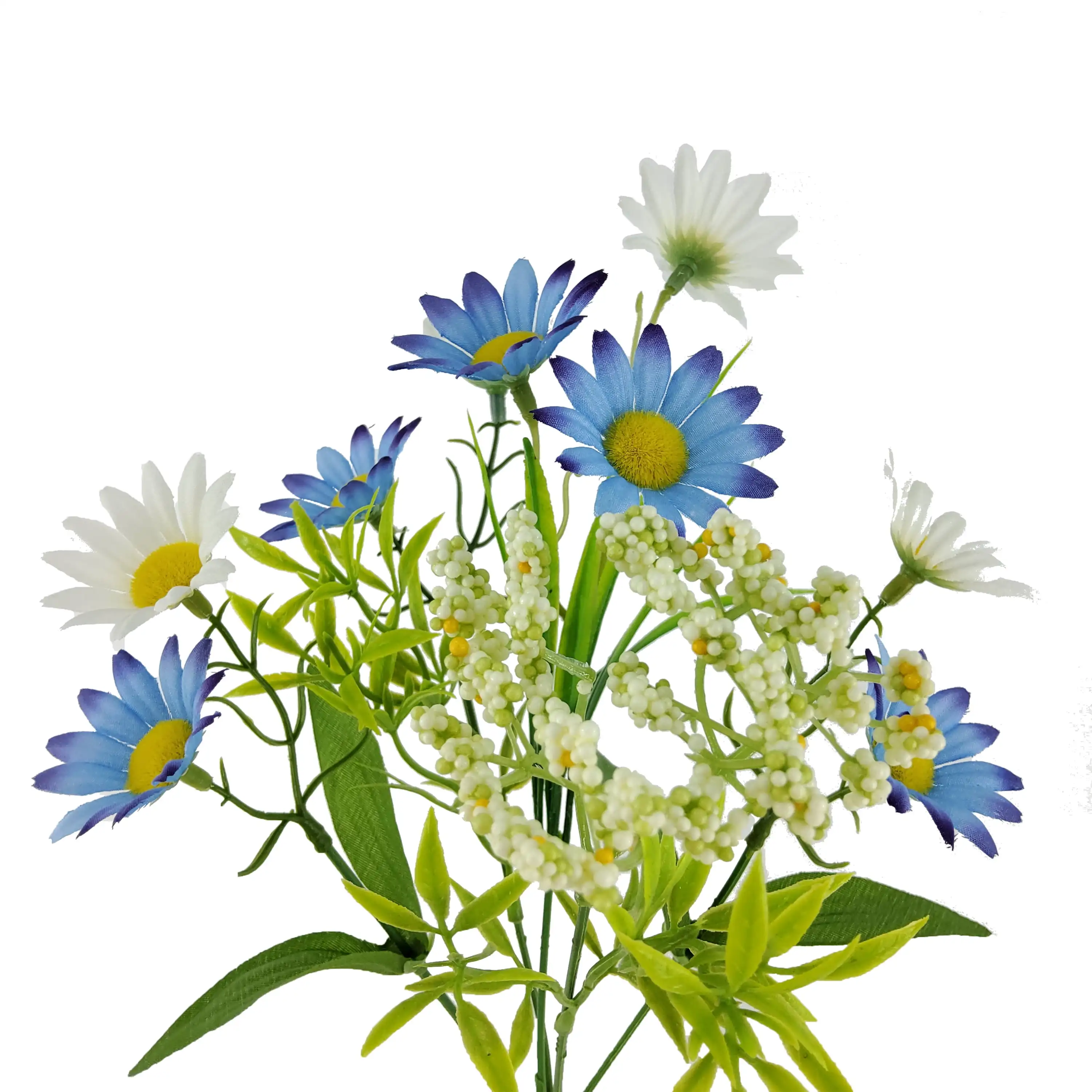 Escolha de margaridas artificiais internas de 14 polegadas, cor azul e branca.