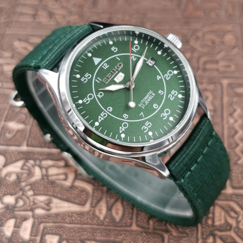 Seiko SNK809K2 Men\'s No. 5 Green Canvas Strap Fashion Casual Watch Calendar Luminous Life Waterproof Automatic Mechanical Watch