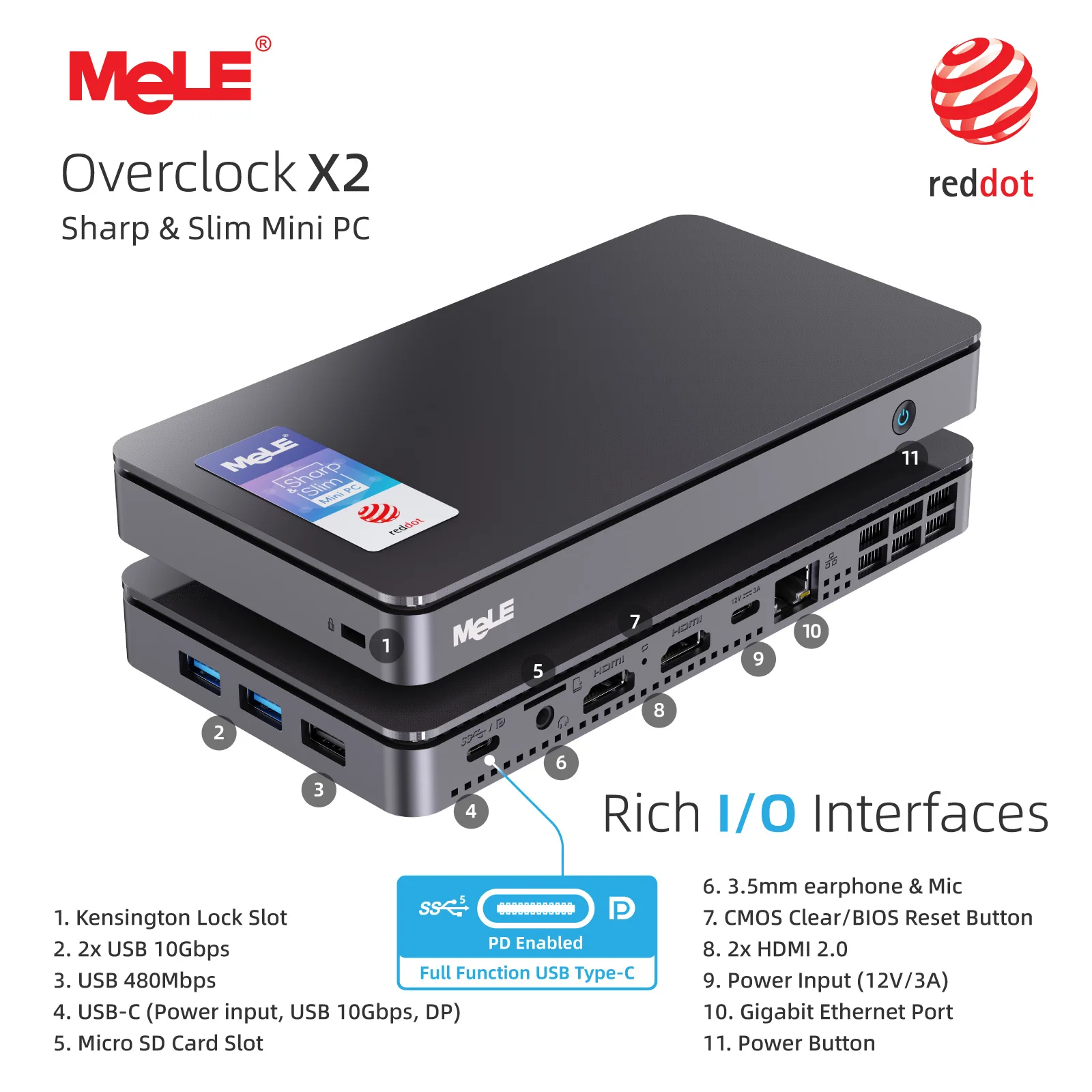 Mini PC MeLE Overclock X2, micro computer desktop N150 da 16 GB 512 GB, triplo display 4K, USB-C all-in-one, USB3.2/WiFi/BT/Ethernet