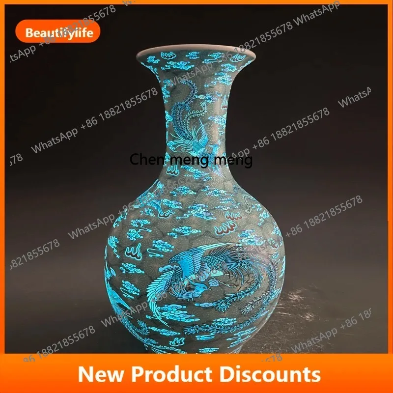 D178 d06 Enamel Phoenix Pattern Luminous Vase Antique Porcelain Antique Collectible Decorative Ornament