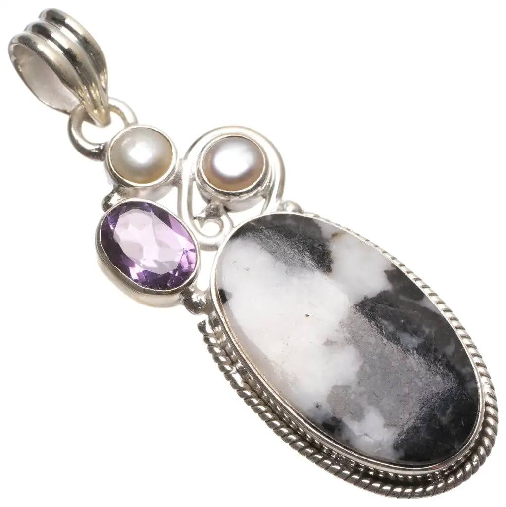 

Pinolith Jasper,Amethyst and River Pearl Handmade 925 Sterling Silver Pendant 2" T2800