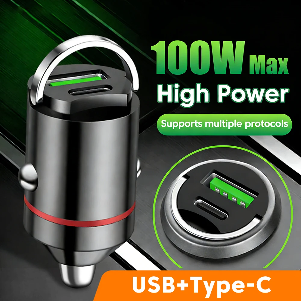 Chargeur de voiture USB + PD à double ports, chargeur de téléphone de voiture avec anneau de traction, adaptateur de charge rapide type-c USB QC3.0 pour iPhone Samsung Xiaomi