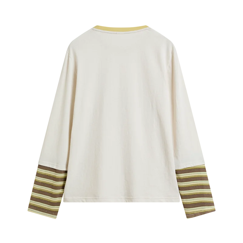 Splicing and Contrasting Loose Long Sleeved T-shirt Top, Fake Two-piece Round Neck Printed Sweatshirt