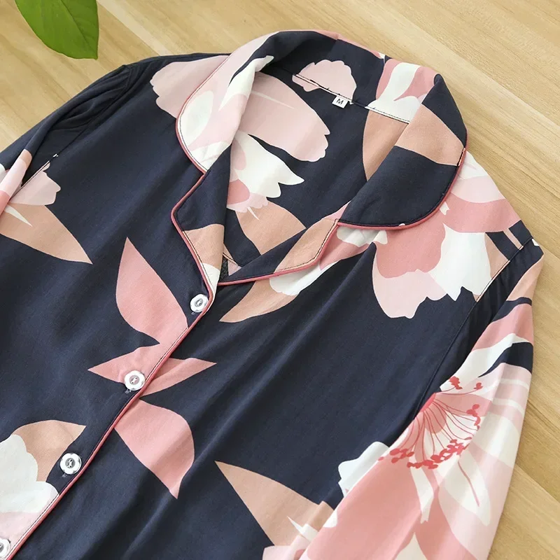 Nueva primavera y verano, pijamas de viscosa para mujer, cubierta de algodón hecho por el hombre, manga larga, dibujos animados, suelto, suave y