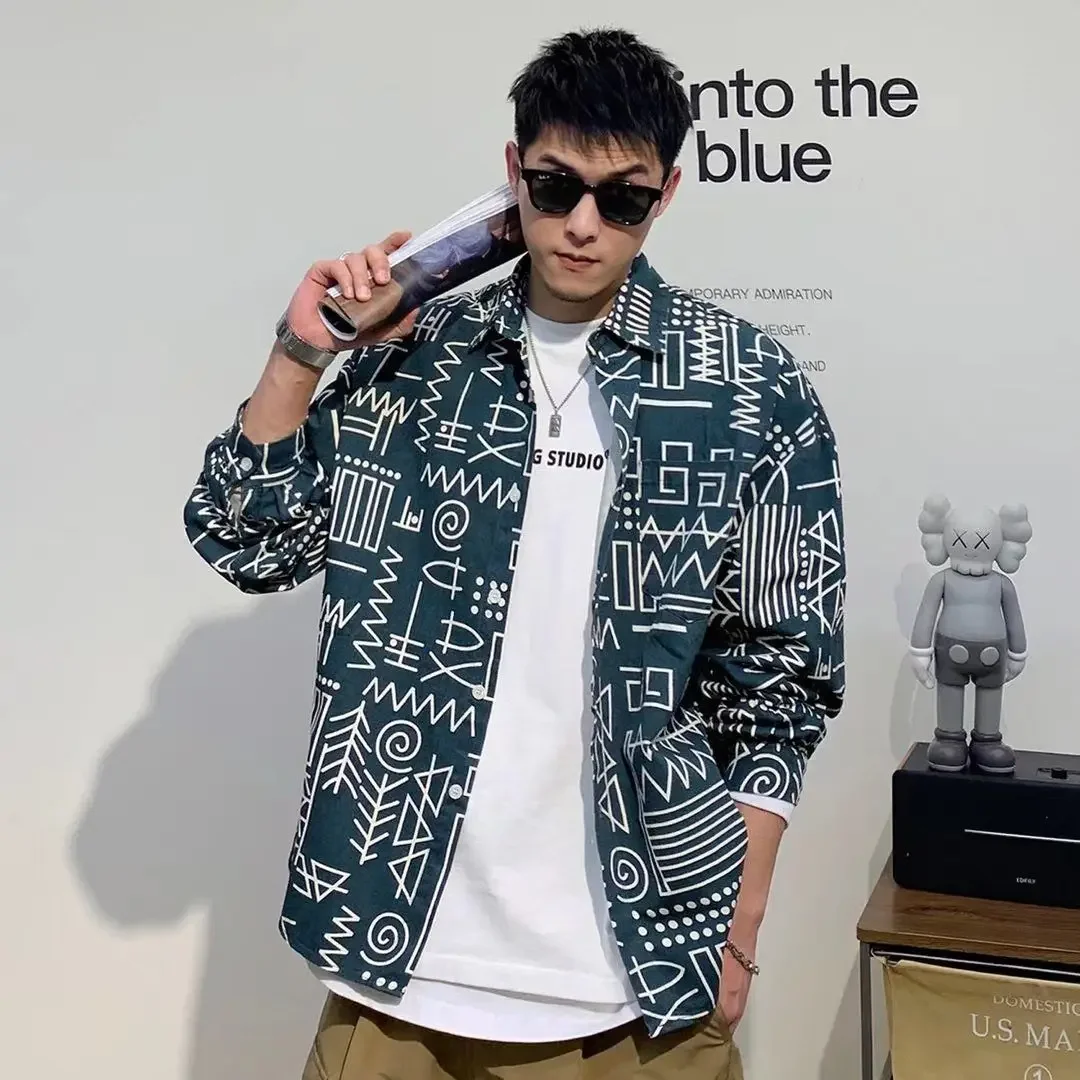 Male Shirts Graphic Geometric Men's Shirt Aesthetic Printed With Print Fashion Man 2024 Cheap Things Vintage Regular Xxl I