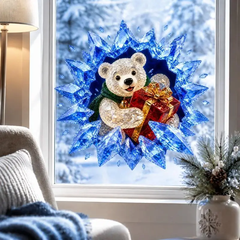 Christmas 3D Break Through Window Sticker Reusable Removable Static Decal Santa Snowman Xmas Home Glass Decor