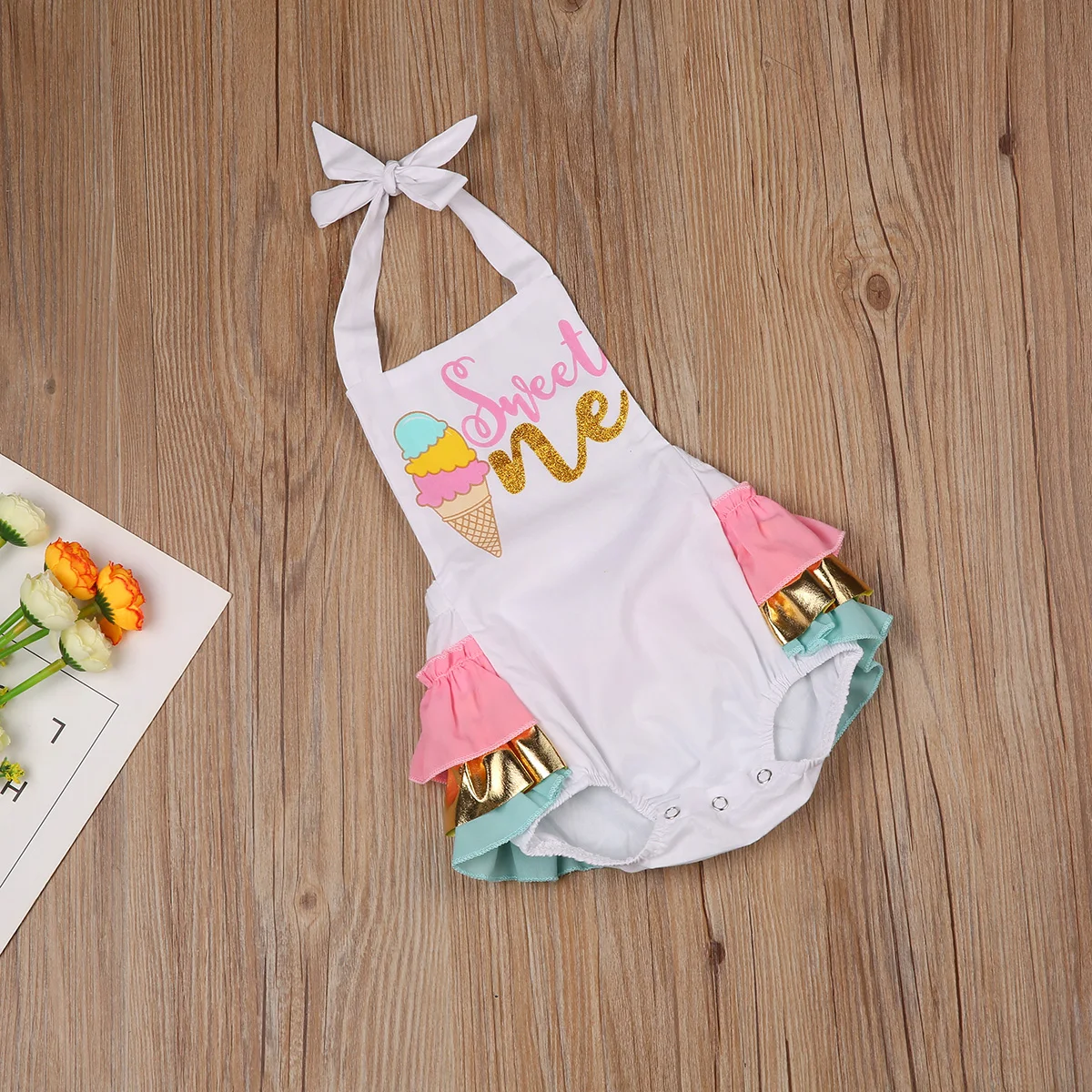 Sedceaty  Cute Baby Girl First Birthday Outfit Halter Romper Ice Cream Cake Smash Bodysuit Sunsuit