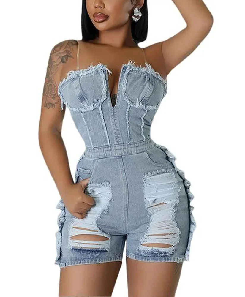 

Women Strapless Plunging V-neck Sleeveless Cutout Denim Jumpsuit 2023 Summer Chic Jeans Romper Set Playsuit