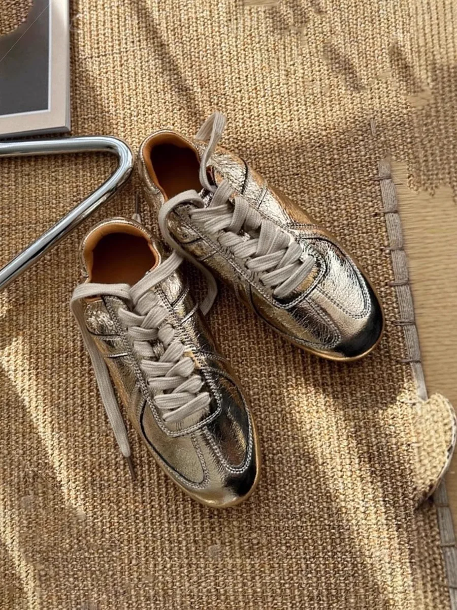 

Женские повседневные ботинки из мягкой кожи золотого и серебряного цвета на плоской подошве Dequn Board oes, весна-лето, новинка Sle в стиле ретро