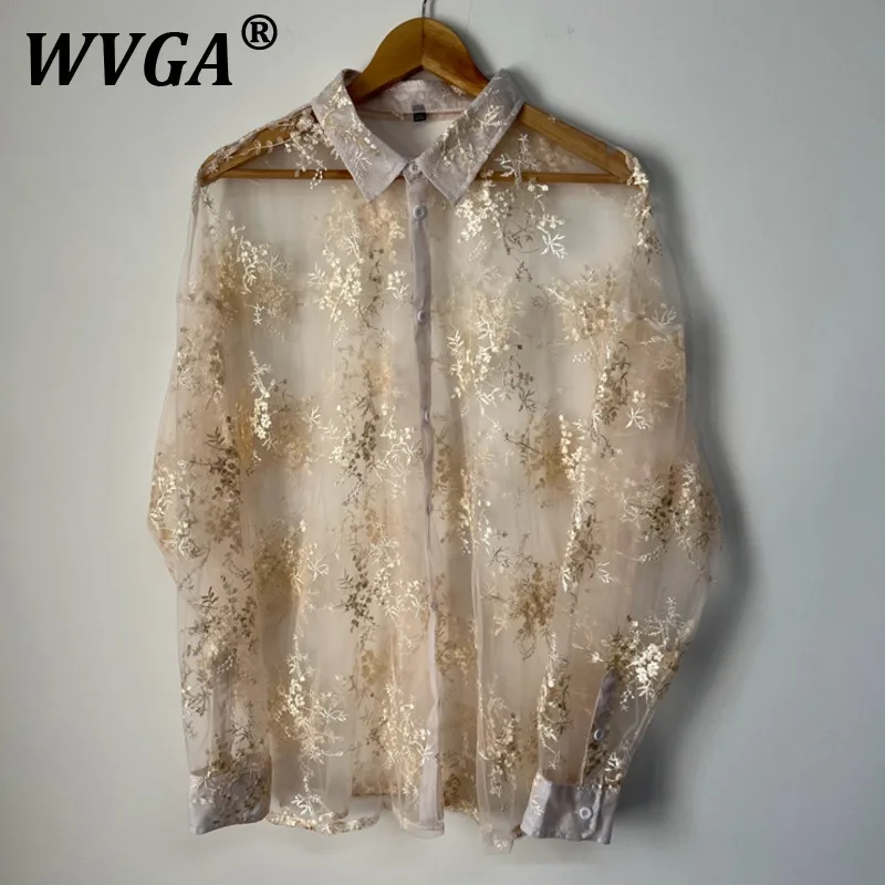 WVGA Spring Summer New Man Embroidery Flower Perspective Mesh Fashion Design Long Sleeve Shirt Niche Chic Casual Tops Ins W10589