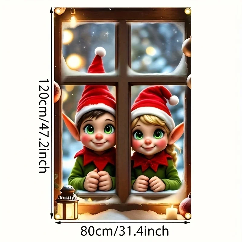1p Festive Christmas Elf Window Covering Banner, Durable Polyester, Snow Scene with Jolly Elf, Red and Green Holiday Decorations