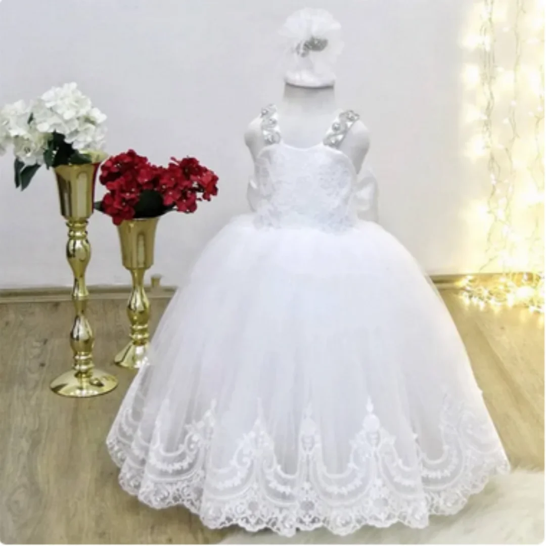 

Flower Girls Dresses Off the Shoulder Handmade Flowers Beaded Tulle Skirt Straps Pageant Birthday Party